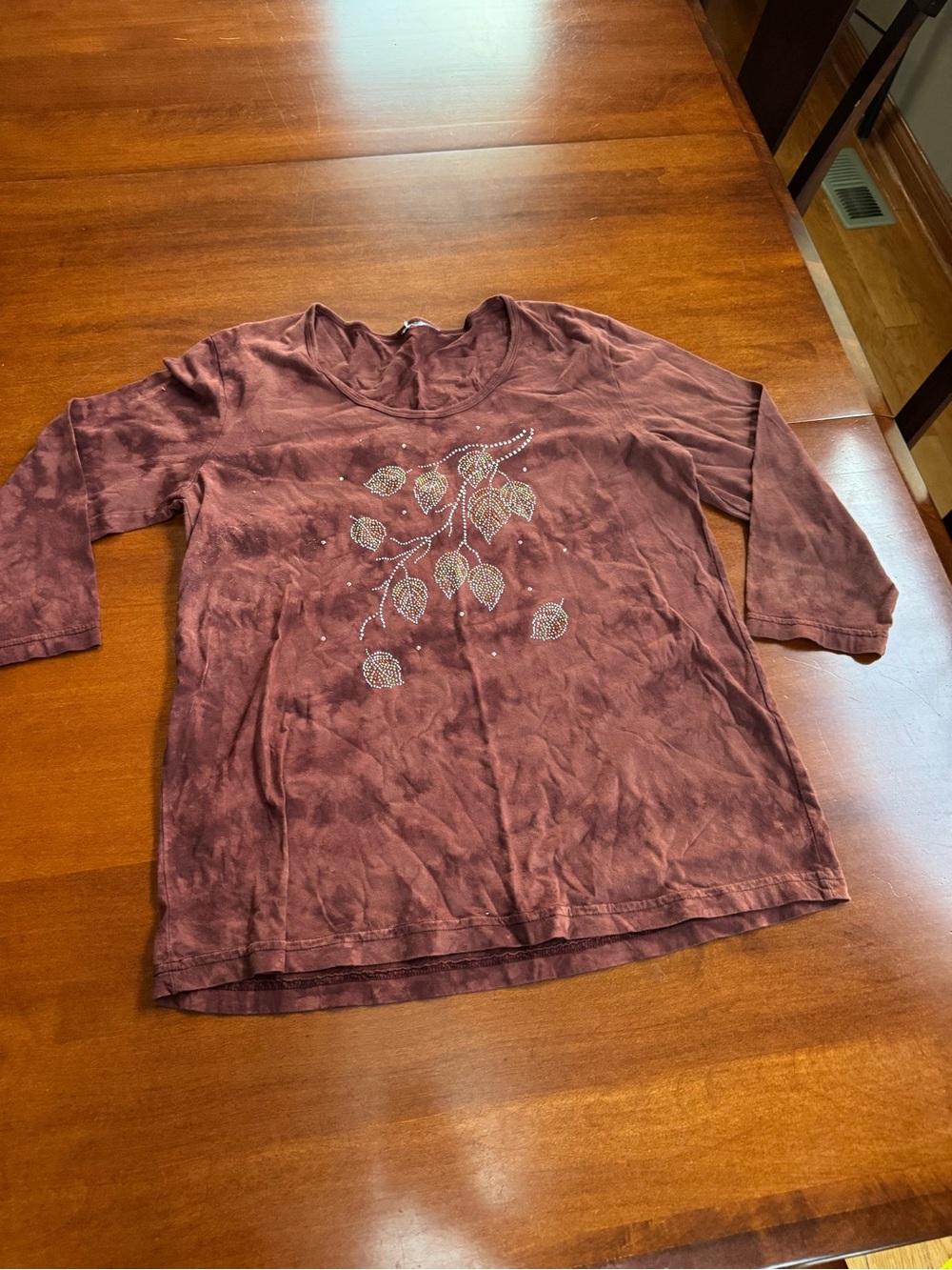 Y2K Brown Rhinestone Leaf Top Women’s Large 3/4 Sleeve Mineral Wash Boho